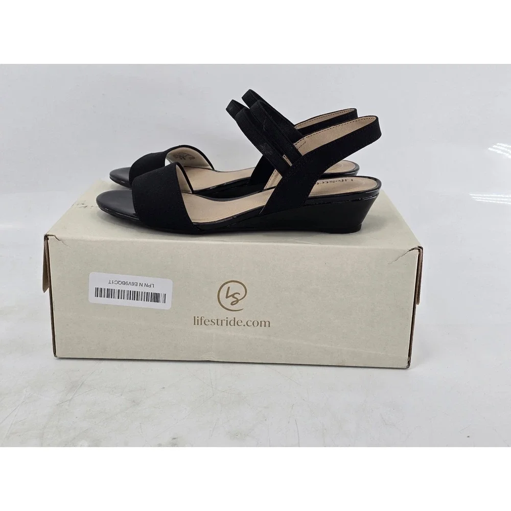 LifeStride Yolo Wedge Sandals Womens 6N Black Elastic Strappy Open Toe -New